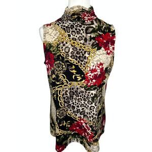 Susan Graver Mixed Print Chains Animal Floral Ruched Mock Neck Sleeveless Blouse